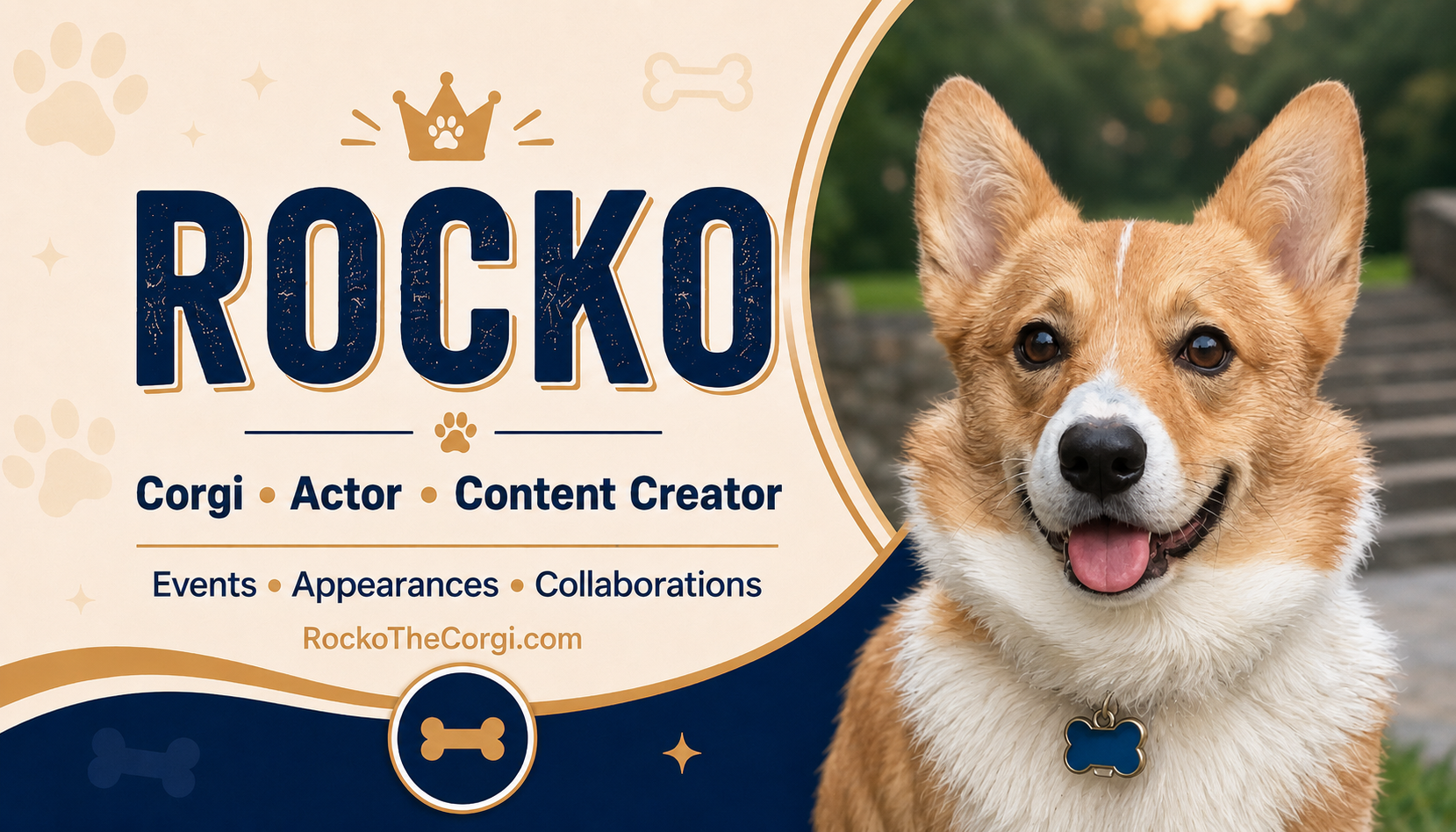 Rocko, a smiling tan and white corgi